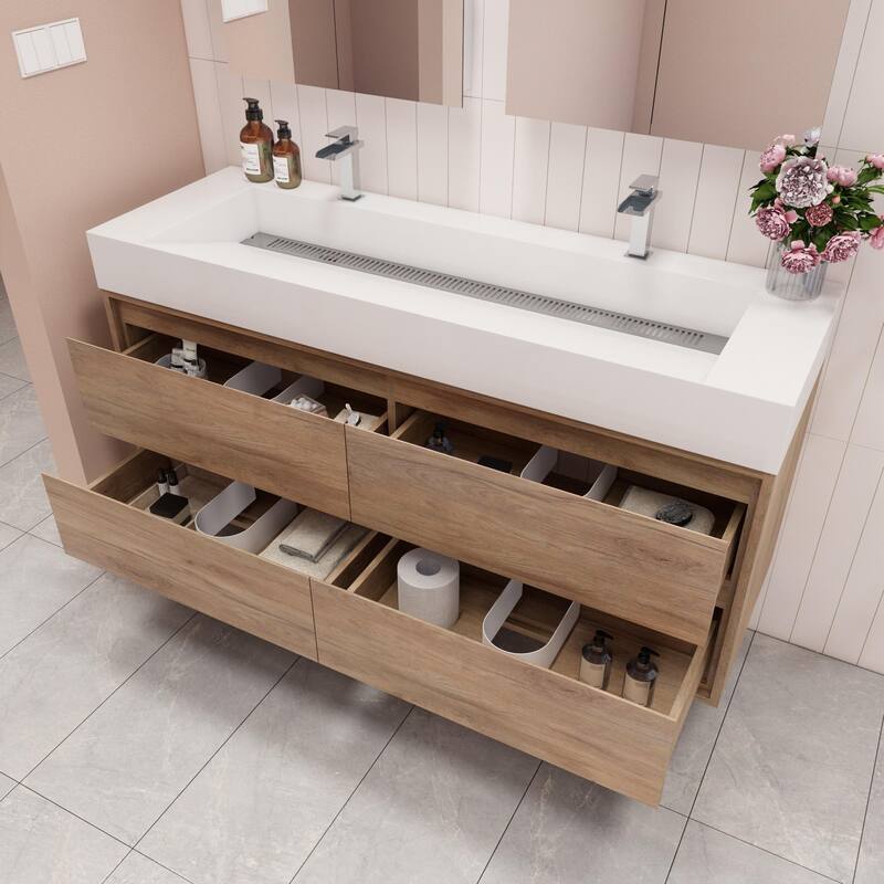 Victoria 60" Wall Mounted Modern Vanity with Double Acrylic Sink