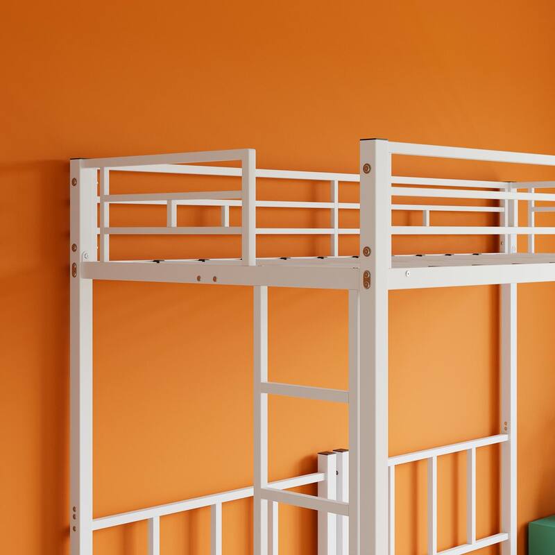 Convertible Triple Twin Metal Bunk Bed with Safety Guardrails and Ladder, Space-Saving Design for Dorm or Guest Room, White