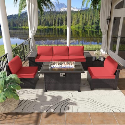 Delnavik 7 Pieces Rattan Outdoor Patio Furniture Sofa Set with Firepit - 7 pcs
