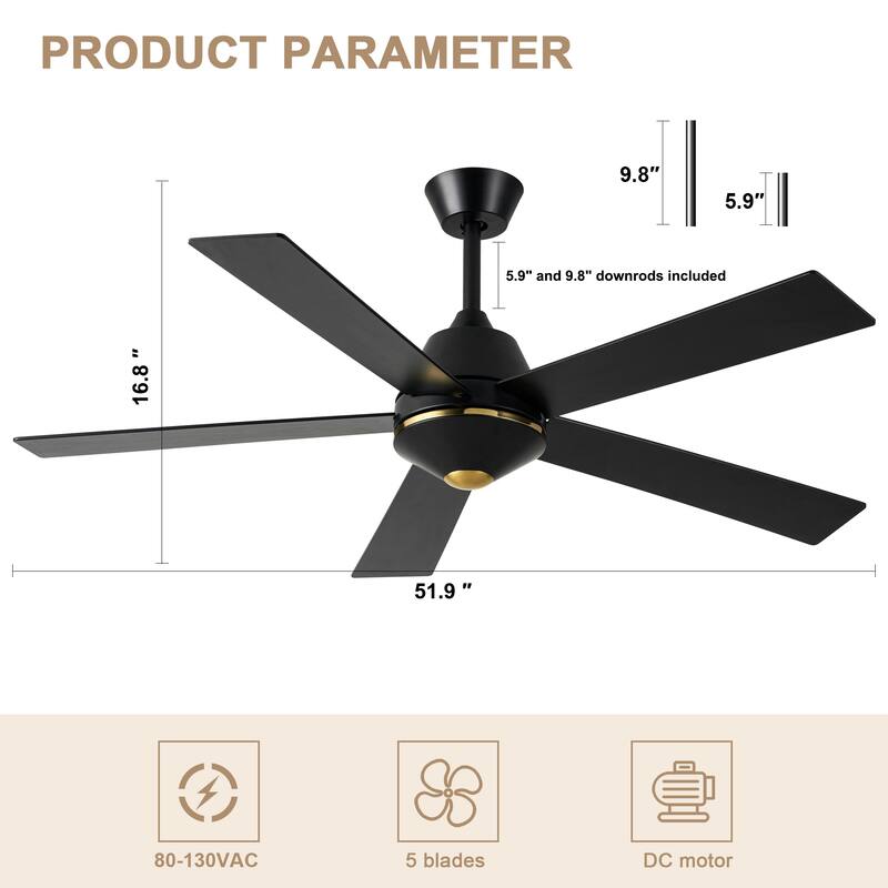 Bella Depot 52" Modern Ceiling Fan 6-Speed Reversible Fan with Remote Control