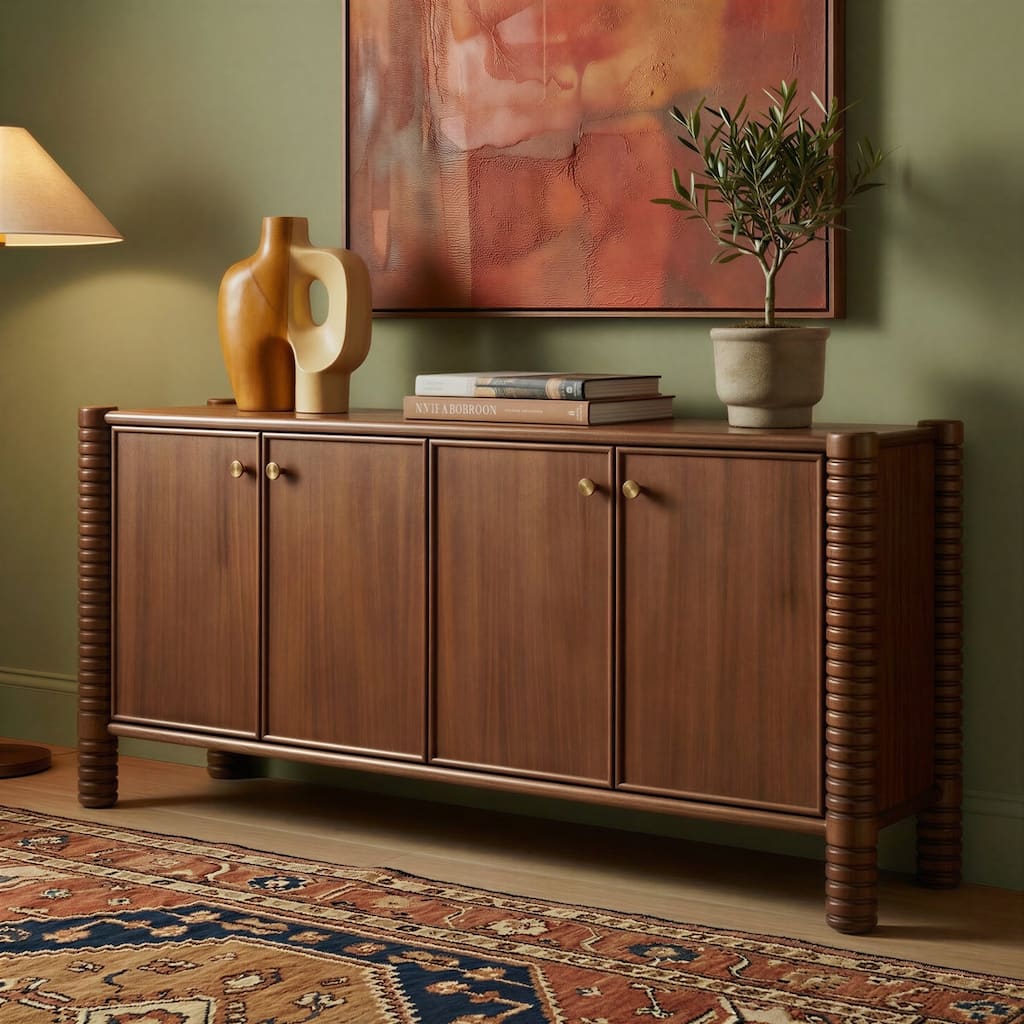Studio London Ellis Walnut Acacia Sideboard with Ribbed Solid Wood Legs