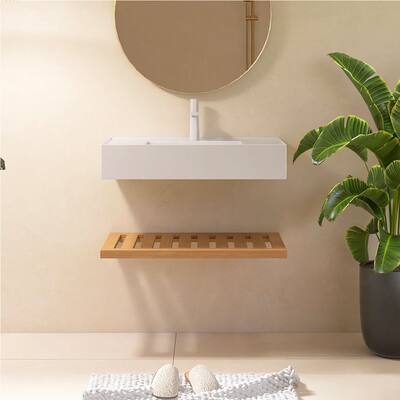 Wall-Mounted Bathroom Vanity in Natural Wood with White Integrated Acrylic Sink
