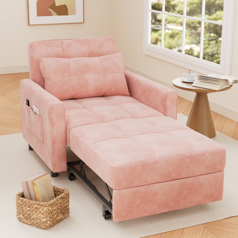 3-in-1 Adjustable Sleeper Sofa Bed, Pull Out Chair Sofa, Convertible Folding Bed for Living Room - 33.7'' x 73.6'' - Pink