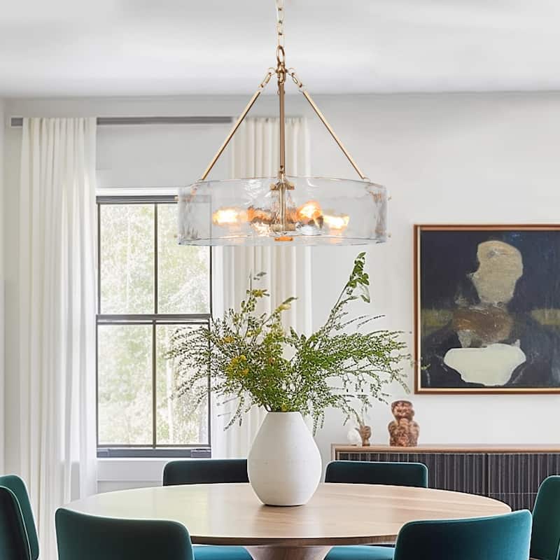 Modern Gold Glam Drum Chandelier 4-Light Glass Pendant Light for Kitchen Island and Dining Room - D 19.5" x H 19"