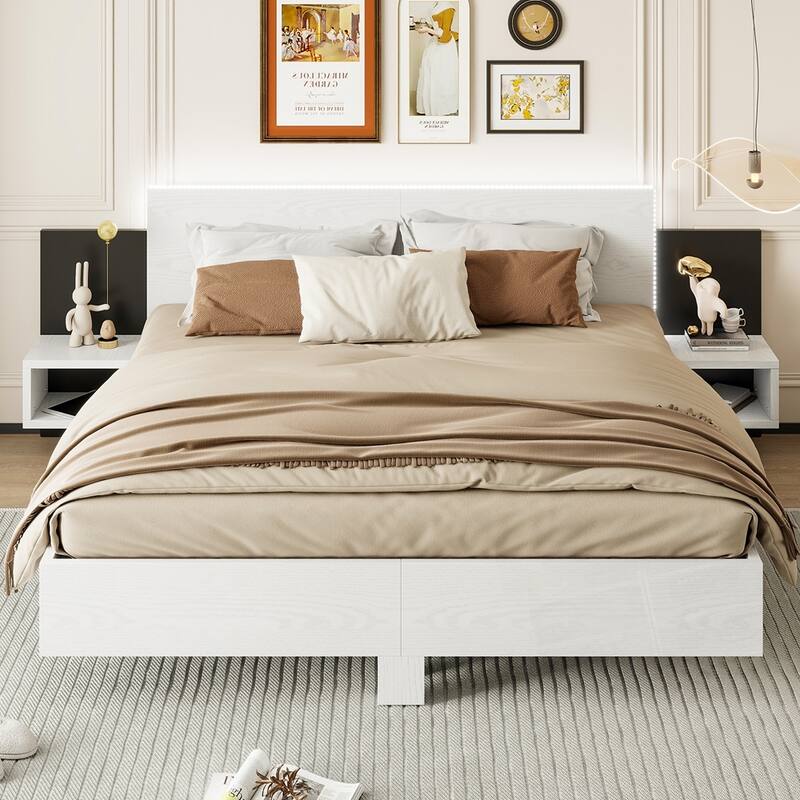 Wooden Floating Platform Bed, with LED Lights and Bedside Nightstand - White - King