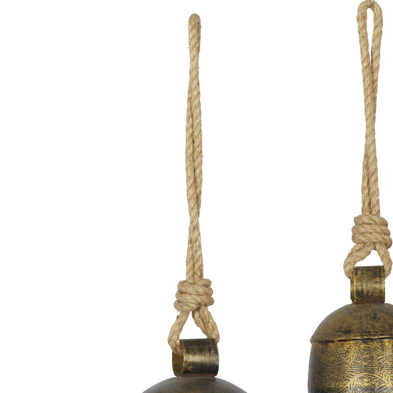 Metal Tibetan Inspired Decorative Cow Bells with Jute Hanging Rope - Set of 3 - Roche River Decor