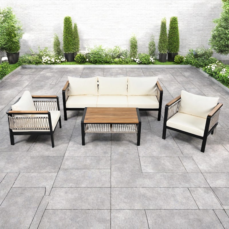 4-Piece Outdoor Cnversation Sectional Sofa Set with Water-Resistant Cushions and Coffee Table - Beige