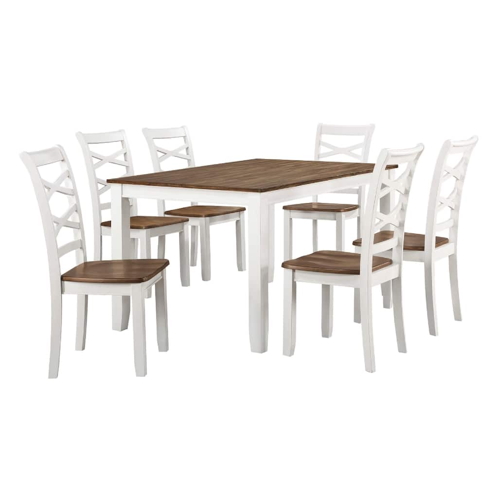 Dobby 7pc Dinette Set, Table and 6 Dining Chairs, White Brown Wood