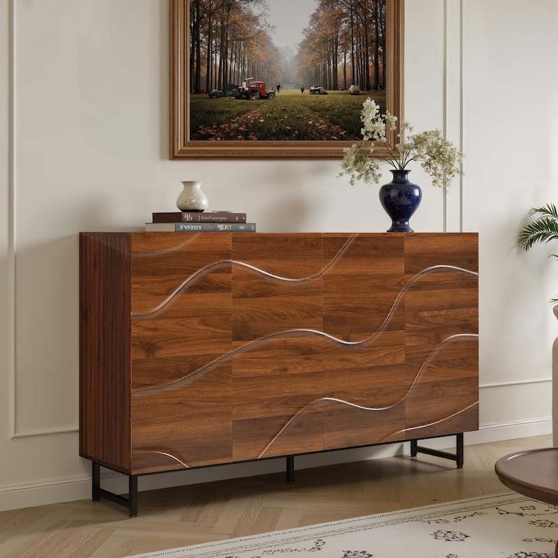 Modern Solid Wood Sideboard with Wave Relief Design, Large 4 Door Storage Cabinet Walnut Texture Buffet Sideboard
