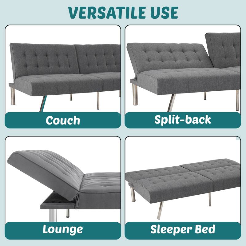 Tufted Mid-Century Modern Split Back Futon Sofa Couch Bed with Chrome Legs