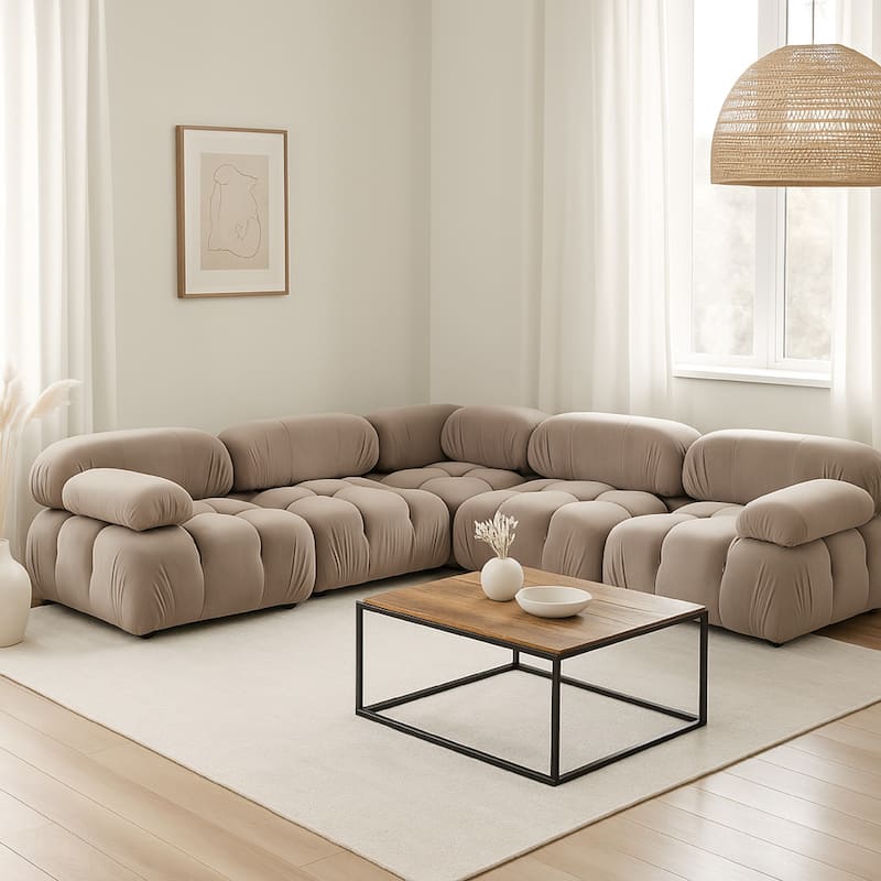 Hito 5 Piece Modular Sectional L Sofa Set, Tan Brown Bubble Grid Tufting
