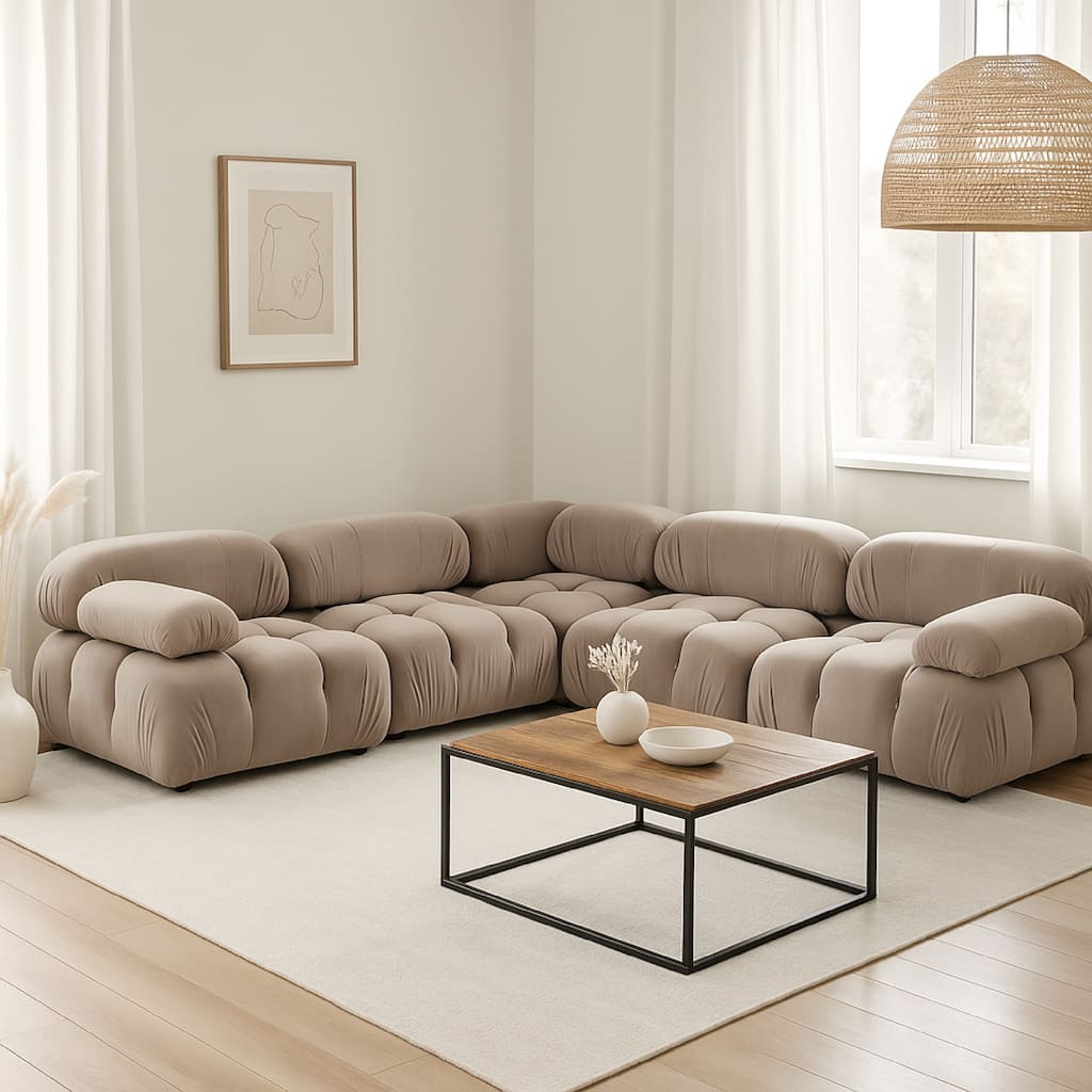 Hito 5 Piece Modular Sectional L Sofa Set, Tan Brown Bubble Grid Tufting