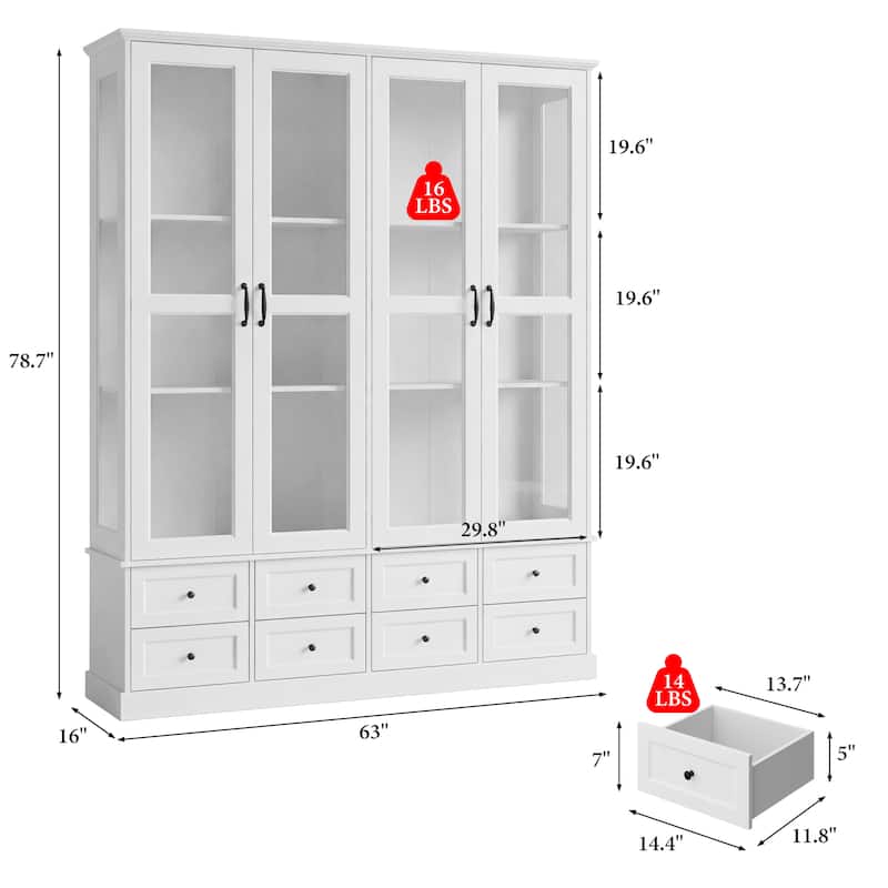 63" Lighted Glass Display Cabinet Curio Cabinet with Bluetooth LED Lights, White China Cabinet Storage for Living Room