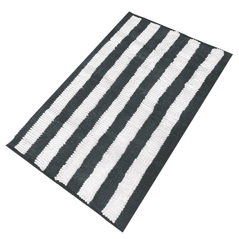 2 Piece Set Charcoal Grey White Stripe Soft Cozy Plush Chenille Bath Mat Bathroom Rug