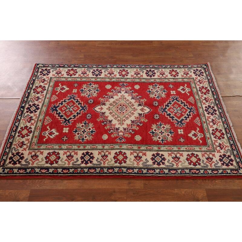 Red Kazak Accent Rug Handmade Oriental Wool Carpet - 3'4"x 4'11"