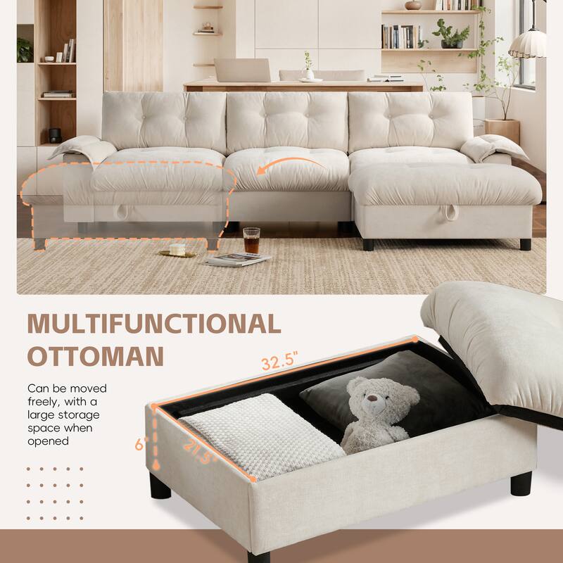 104 Inch Sectional Sofa with Storage Ottoman & Dual-Port Charging, Cup Holder, Side Storage Pockets