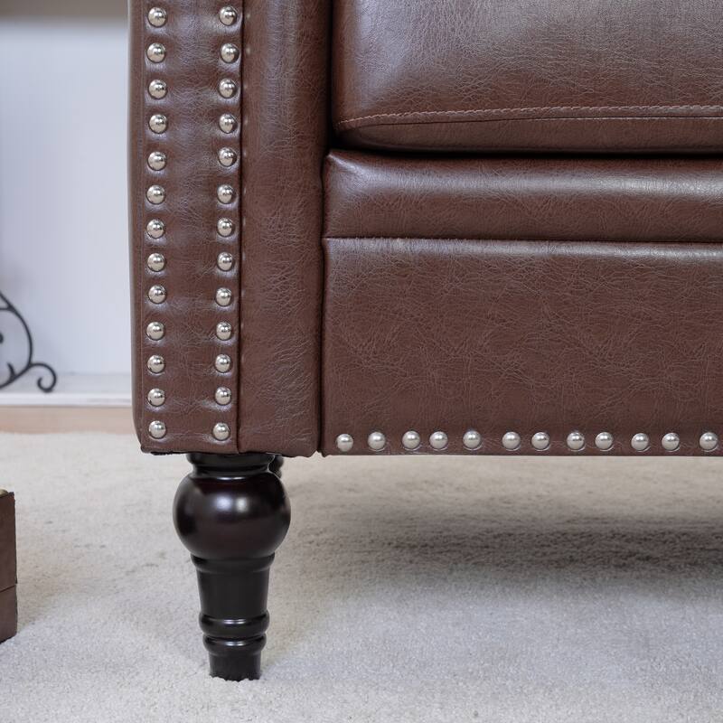 Brown PU Modern 38.98" Upholstered Buttons Tufted Accent Chair with Gourd Shaped Birch Legs and Nailheads