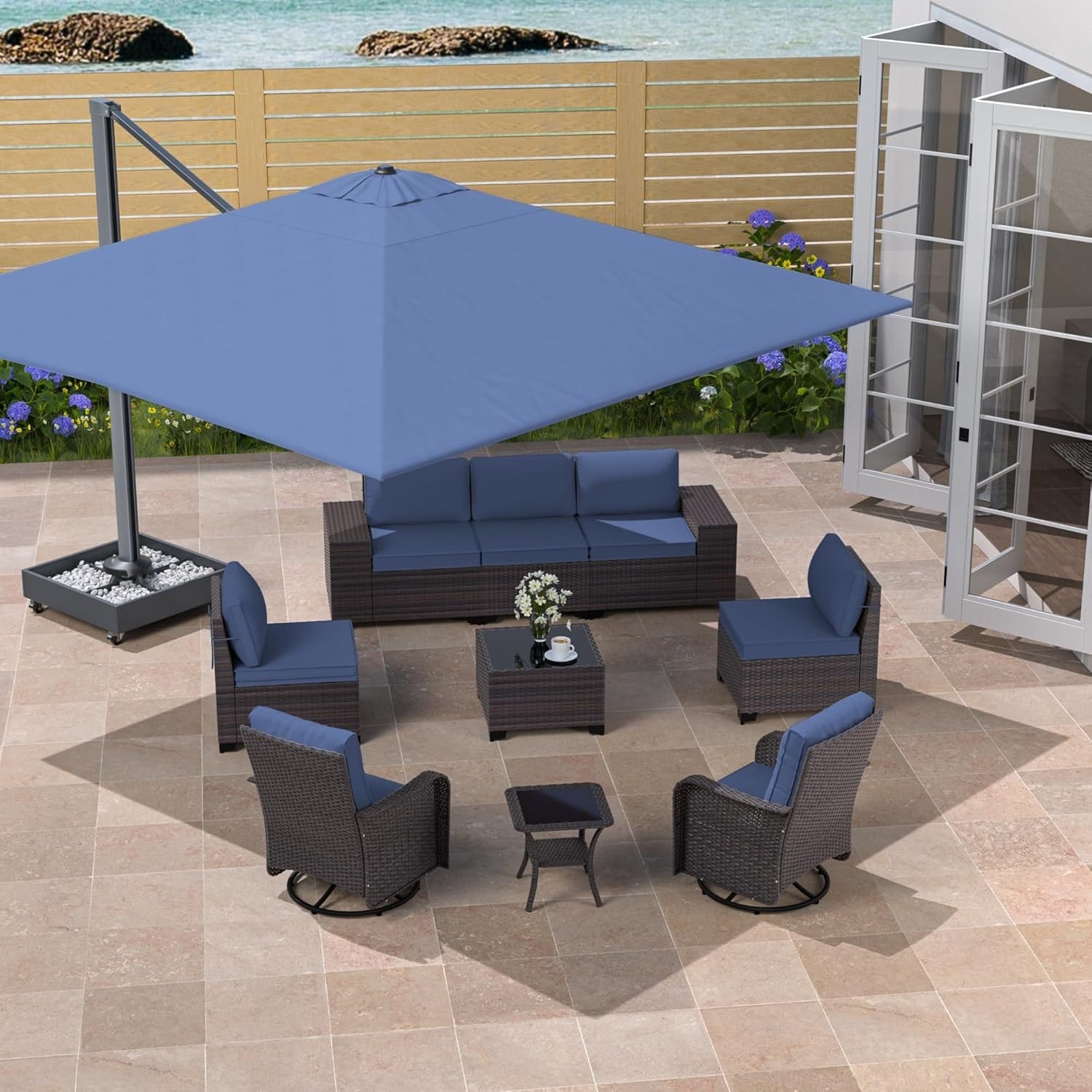 blue umbrella patio set Outdoor Idea so you can relax in the shade even as the sun moves over the course of a hot summer day Sunshine Valley 10-ft Steel Navy