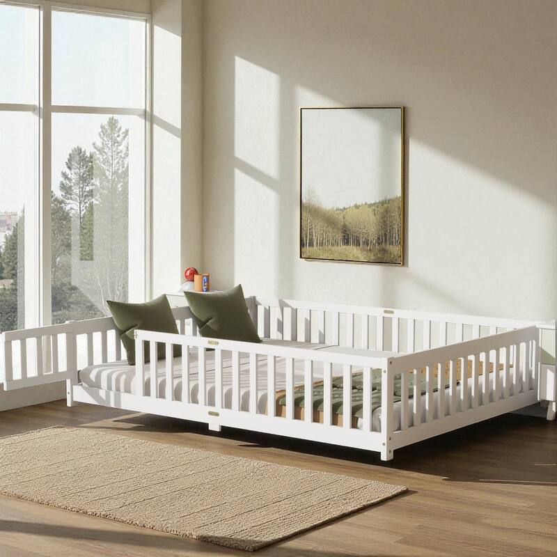 Queen Size Rubber Wood Floor Bed with Fence and Door, Montessori Platform Bed with Safety Guardrails for Kids