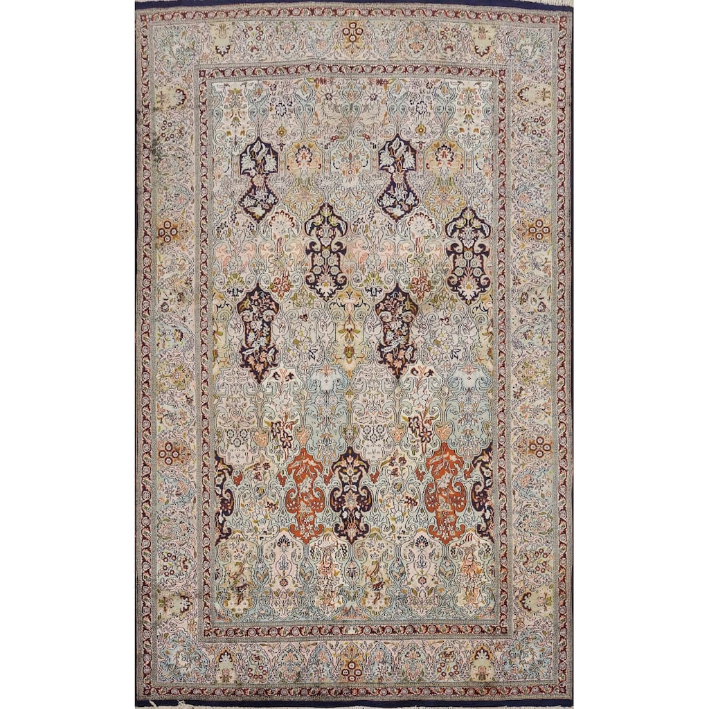 Hand Knotted Oriental 100% Silk Carpet Traditional All-Over Multi-Colored Kashmir Area Rug - 9' 6'' X 5' 9''