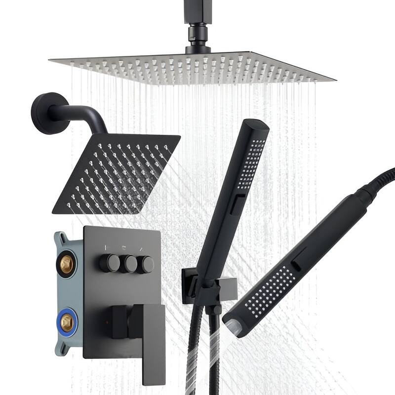 Matte Black 3-Function Rainfall Shower System with Handheld Side and Overhead Shower