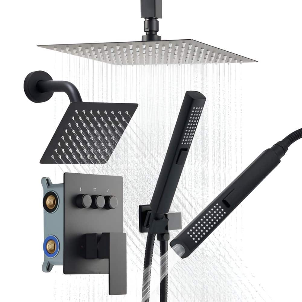 Matte Black 3-Function Rainfall Shower System with Handheld Side and Overhead Shower