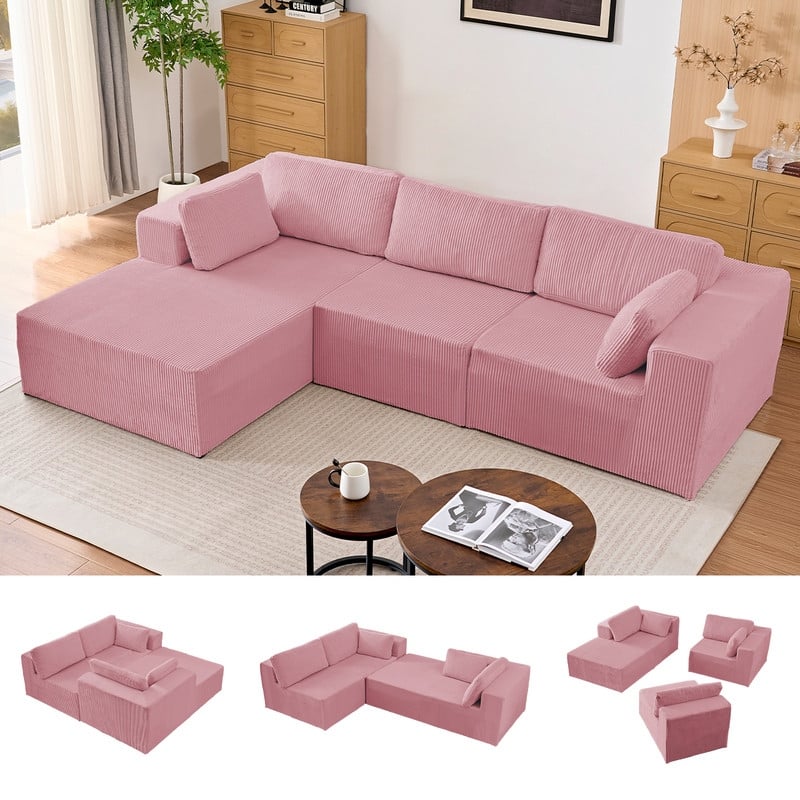 Mixoy 3-Pcs Free Combination Modular Sectional Sofas,Corduroy Compressed L-Shaped Sofa with Flexible Configuration - 3-Seater - Pink - Reversible
