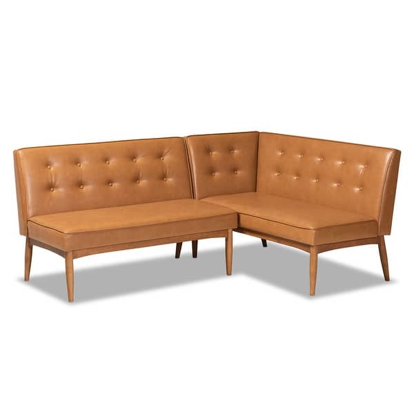 slide 2 of 9, Arvid Tan Faux Leather and Walnut Wood 2-PC Dining Nook Banquette Set Tan