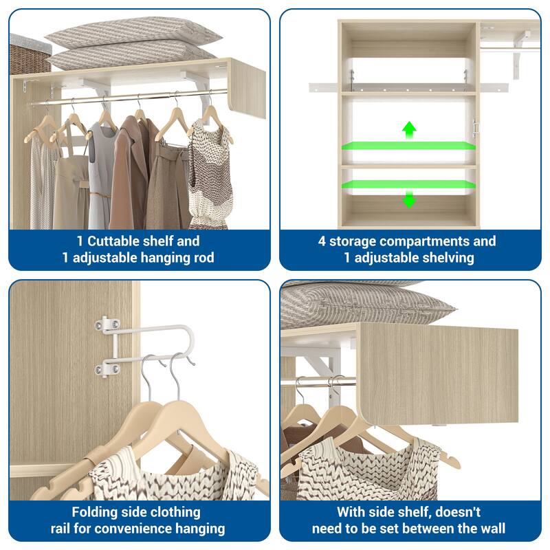 60'' Wall-mounted Closet System with Hanging Rods, Clothing Organizer with Tower Shelves for Laundry Room