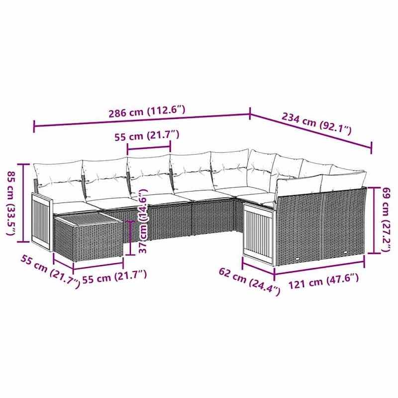 vidaXL Garden Sofa Set Black PE Rattan Large Modular - 21.7 x 21.7 x 14.6 in