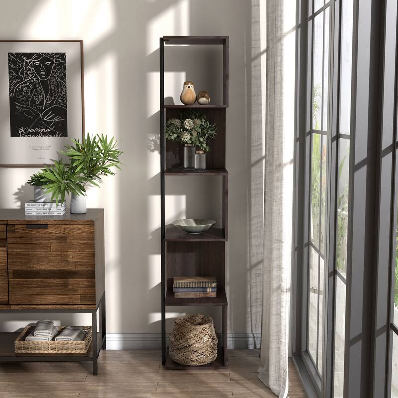 Furniture of America Linnea Modern 5 Tier Accent Corner Bookcase, Freestanding Display Bookshelf with Metal Post