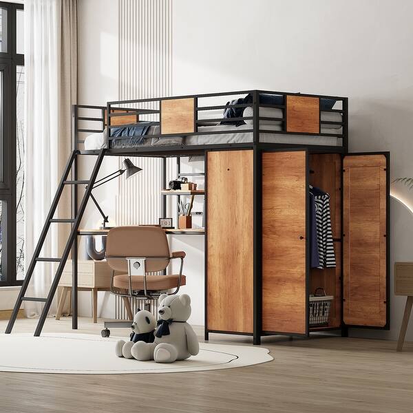 slide 2 of 19, Black Twin Size Metal Wood Loft Bed with L-shaped Desk and Ladder Black
