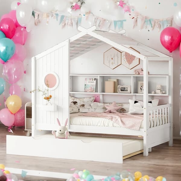 slide 2 of 9, Twin Size Wooden House Bed With Trundle With Storage Shlef for Home White