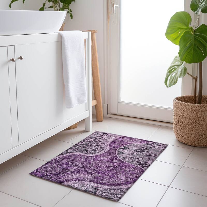 Machine Washable Indoor/ Outdoor Modern Paisley Chantille Rug - Purple - 1'8" x 2'6"