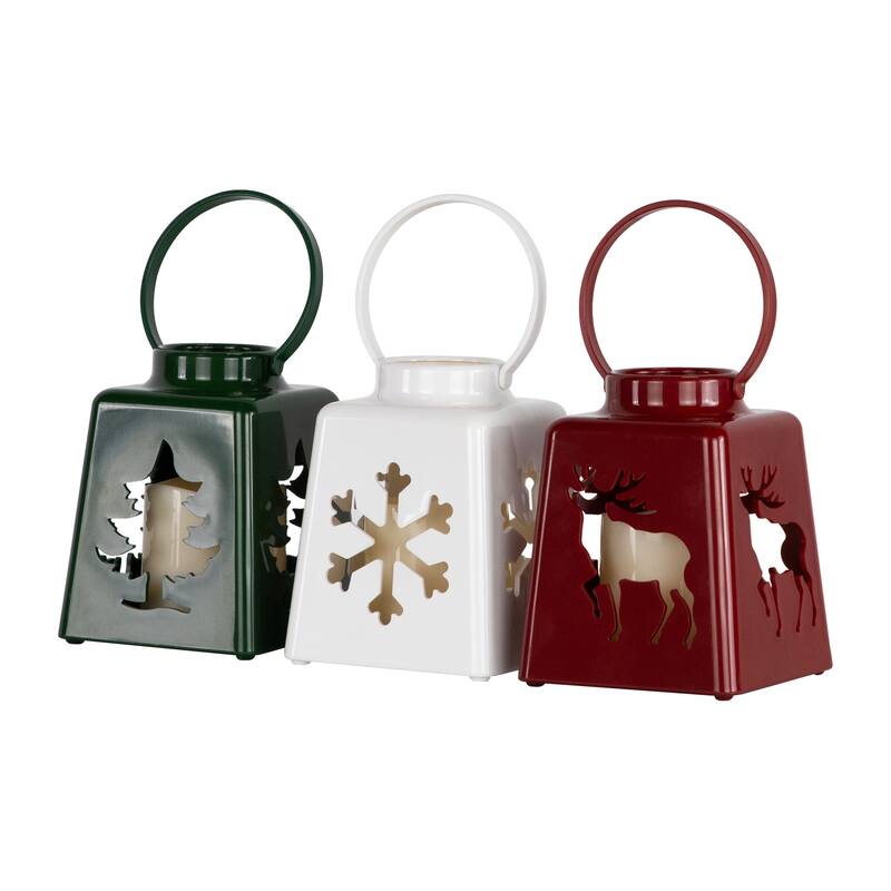 LED Lighted Tree, Snowflake and Reindeer Christmas Candle Lanterns - 8" - Set of 3