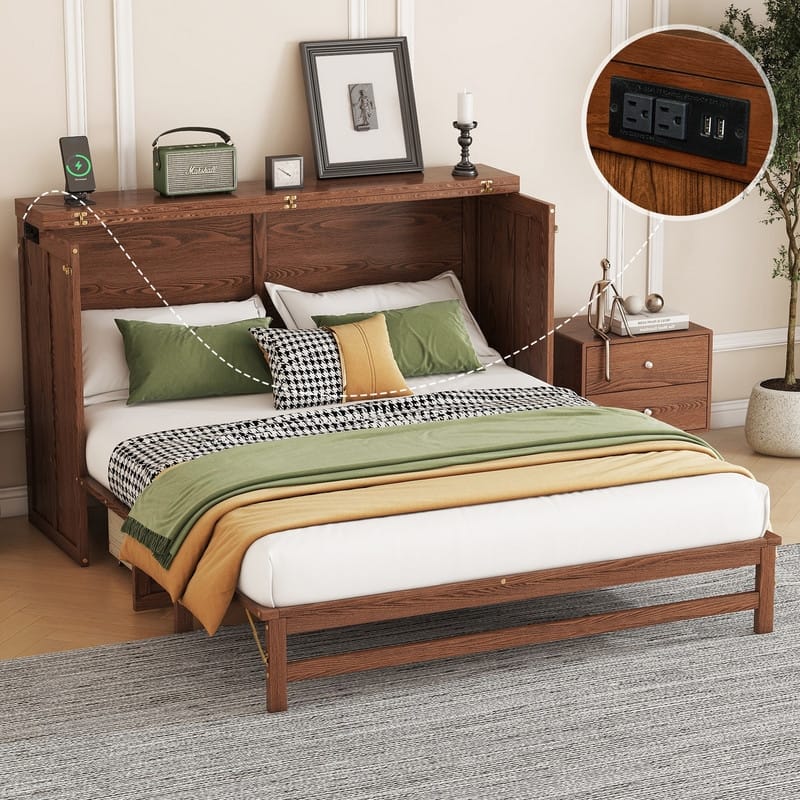 Murphy Bed Cabinet with Storage Drawer and Charging Station, USB Port