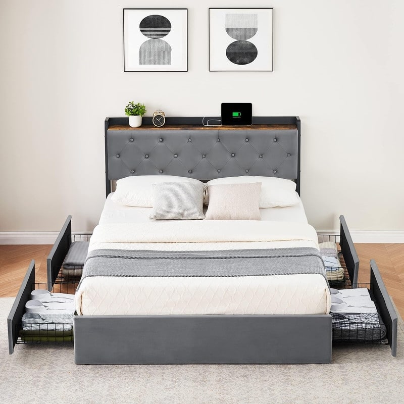 Velvet Bed Frame with Four Storage Drawers and USB Charging Station