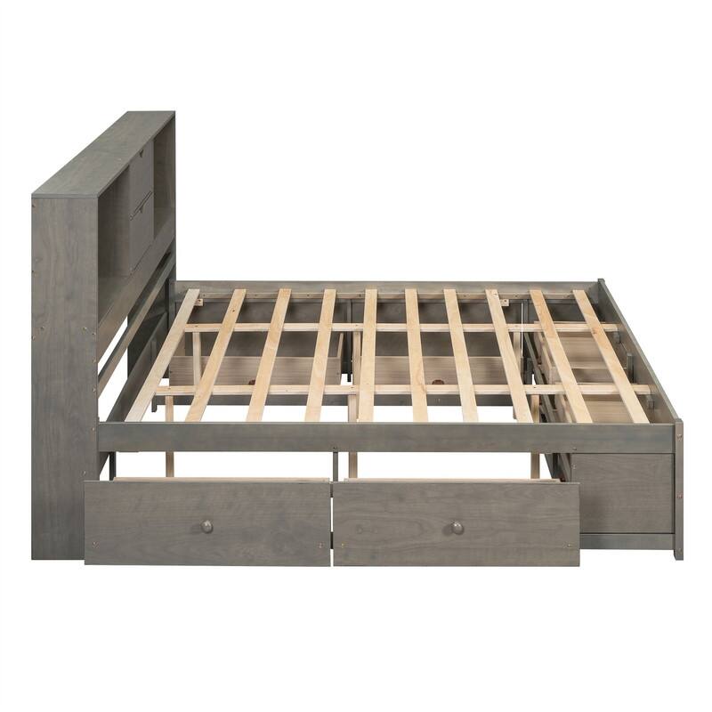 Queen/King Size Captain Bed with Storage Bookcase Headboard, Solid Wood Platform Bed Frame with 8 Storage Drawers and Slats