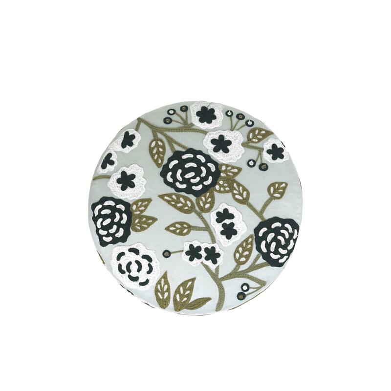Nico Embroidered Velvet Round Ottoman, 17"D x 17"W x 18"H by Sevita