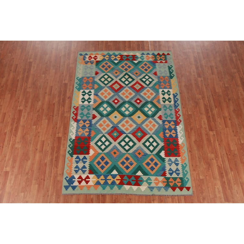 Hand Woven Oriental 100% Wool Carpet Southwestern Geometric Multi-Colored Kilim Area Rug - 8' 3'' X 5' 8''