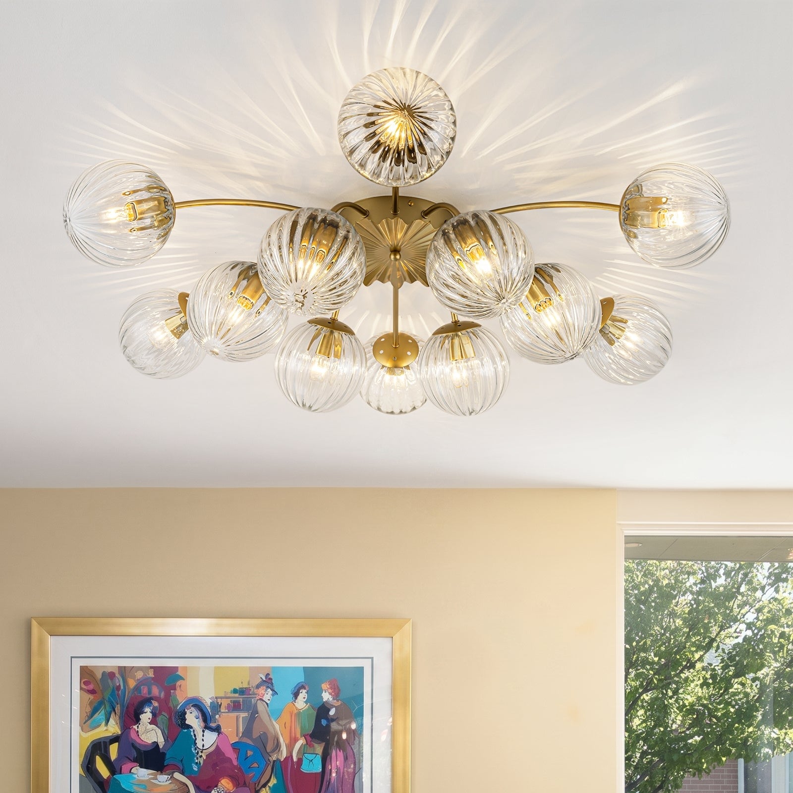 Sculptural 12-Light Ribbed Glass Globe Sputnik Bubble Ceiling Chandelier