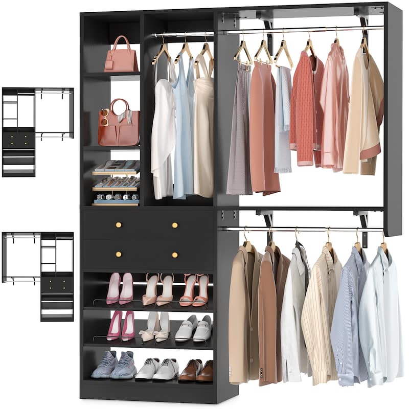 Grimm 5FT Small Closet System with Drawers, 60" Closet Organizer System with Reversible Hanging Shelving