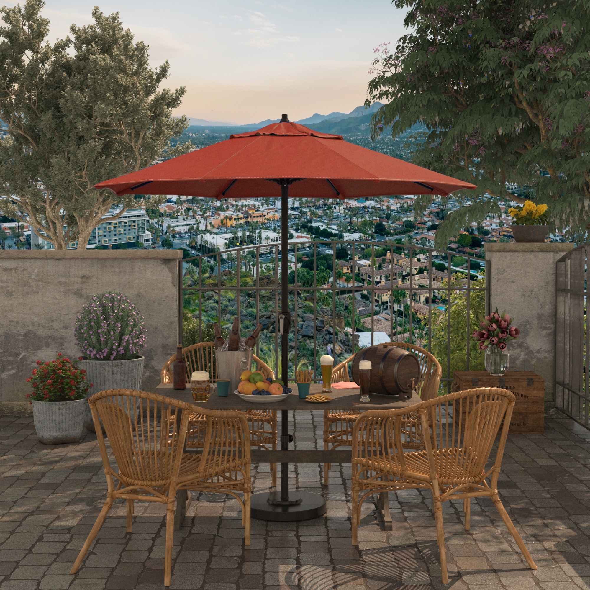 California Umbrella 7.5' Round Aluminum Crank Lift Auto Tilt 8 Rib Patio Umbrella, Bronze Finish, Sunbrella Fabric