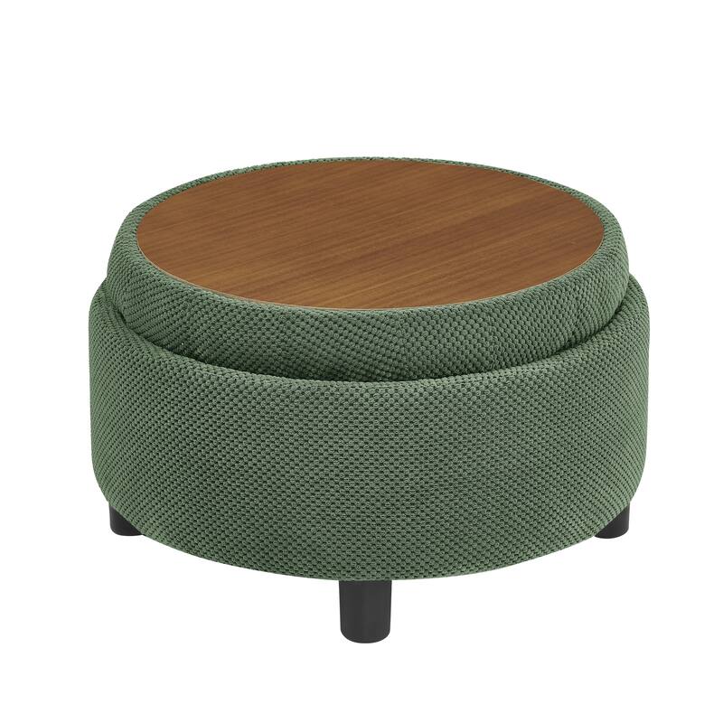 Round Storage Ottoman with Lift-Off Tray and Upholstered Fabric