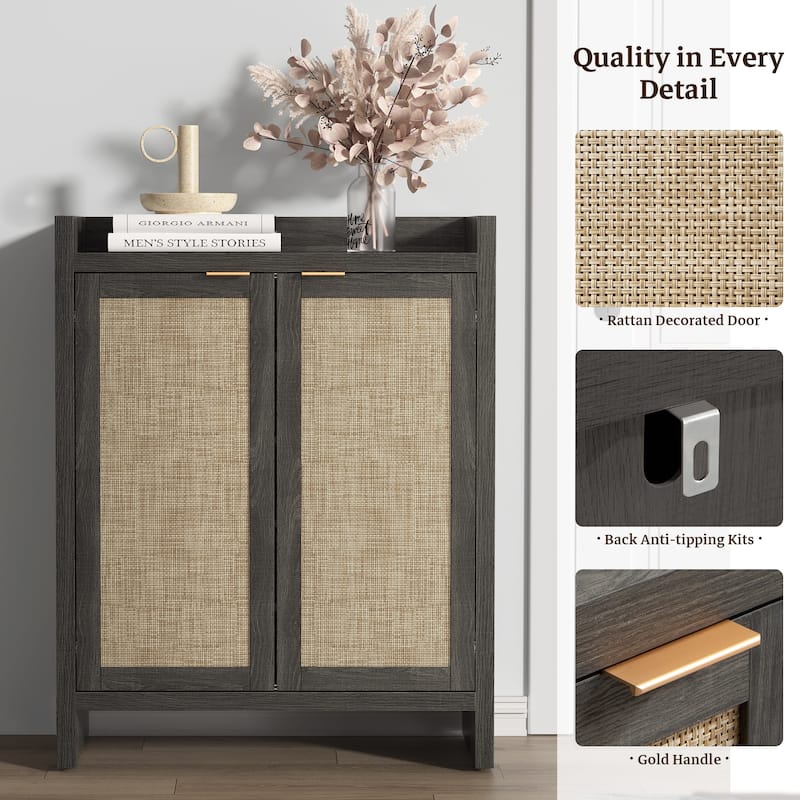 Set of 2 Modern Natural Rattan Shoe Cabinets - 41 x 32.4 x 14.8
