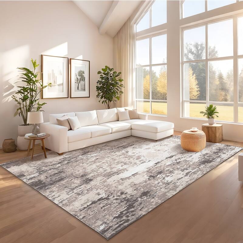 Area Rugs for Living Room Bedroom, Modern Abstract Machine Washable Rug, Low Pile Floor Carpet with Non Slip Backing - 9'x12' - Brown