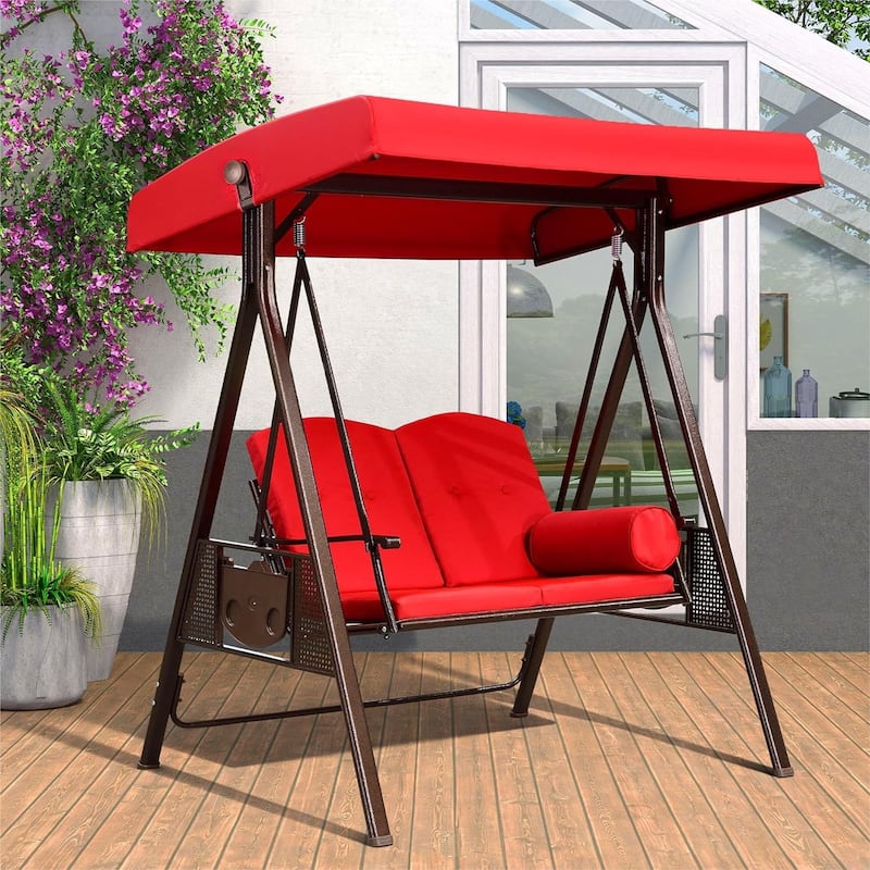 PURPLE LEAF Outdoor Patio Porch Swing with Stand, 2-seat Swing Chair with Adjustable Tilt Canopy All-Weather Steel Frame - Brown Frame - Terra