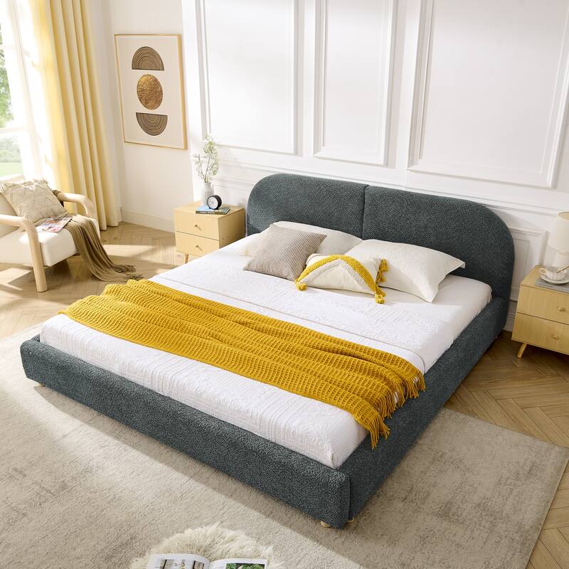 Stylish Curve-shaped Upholstered Platform Bed Frame Modern Minimalist Low Profile Bed with Curved Headboard Optional Storage Bed - Dark Grey - King
