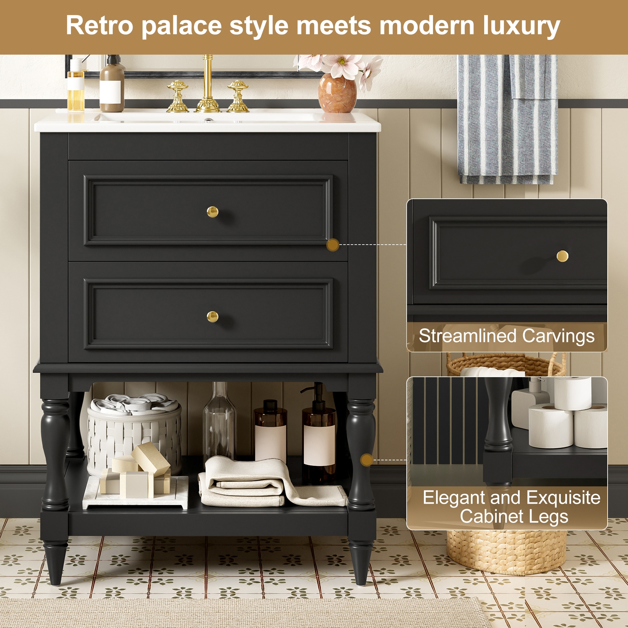 24" Retro Bathroom Vanity with Ceramic Sink & 2 Drawers - Solid Wood Storage Cabinet with Open Shelf