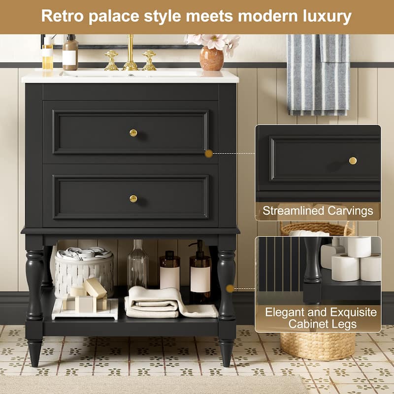 Retro Small Bathroom Vanity with Open Shelf, Ceramic Sink Cabinet